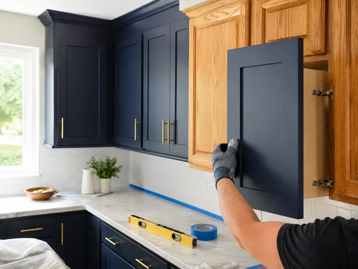 New navy shaker door being fitted over existing oak cabinet boxes mid-refacing