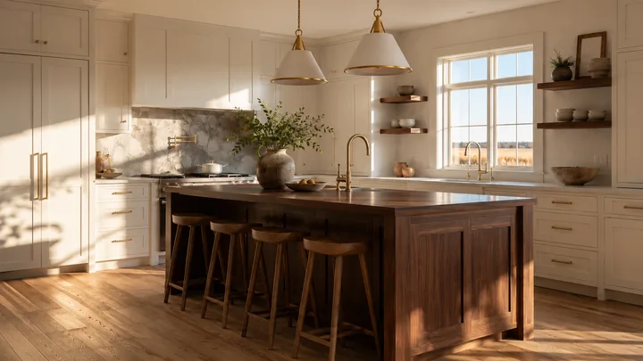 Large walnut island casework with a stone countertop in a bright open space