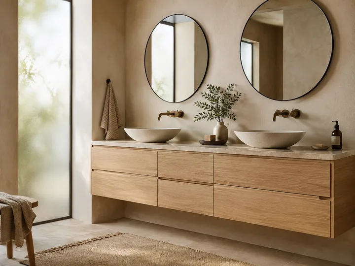 Floating double vanity in rift-sawn white oak with vessel sinks and round mirrors