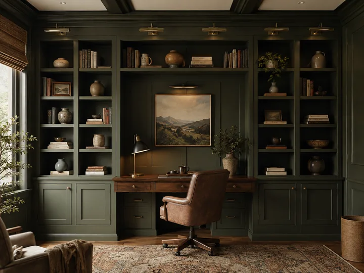 Floor-to-ceiling painted built-in bookshelves and cabinets with a walnut desk surface