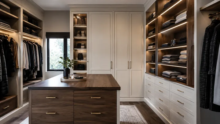 Walk-in closet with walnut open shelving, cream wardrobe cabinets, and a center island dresser