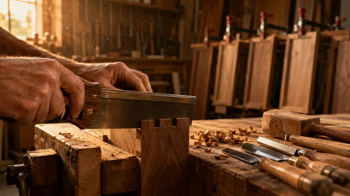 Cutting dovetail joints into a walnut drawer side at a workbench